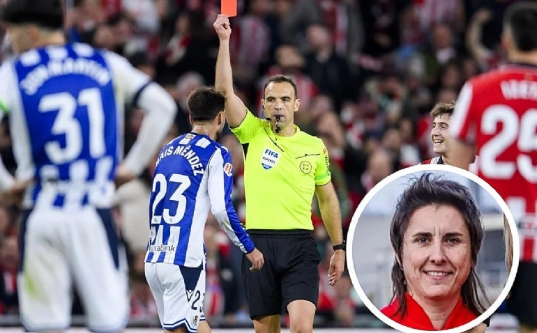 La portavoz de los árbitros bromea sin tapujos con la roja a Brais en Bilbao: «Veo tantas jugadas... no sé si son Paredes o Muros»